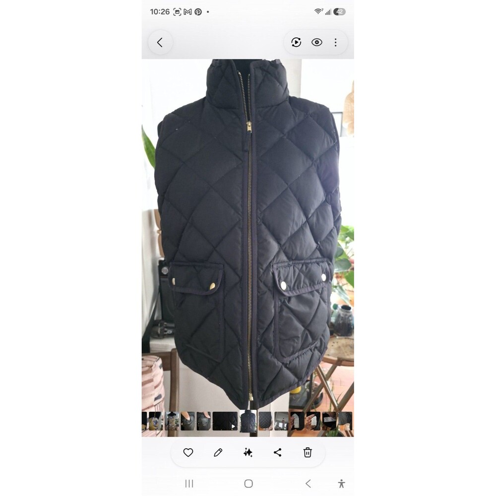 J.CREW Women’s Black Diamond Quilted Down Vest L Mid-Length Zip Pockets